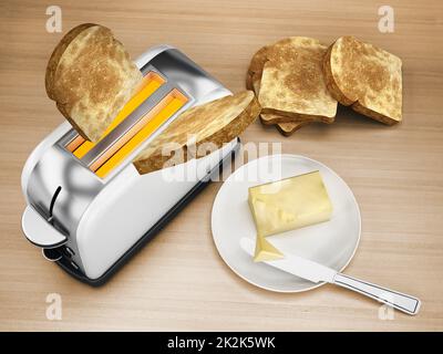 Butter and knife beside toaster and grilled bread. 3D illustration Stock Photo