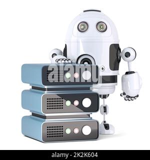 3d Robot with Server rack. Isolated. Contains clipping path Stock Photo