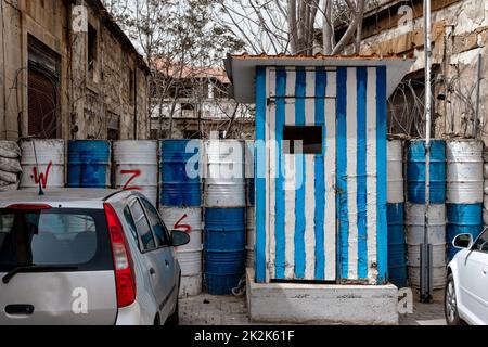 Guard post painted in the colors of Greek flag at The Green Line in Nicosia, Cyprus Stock Photo