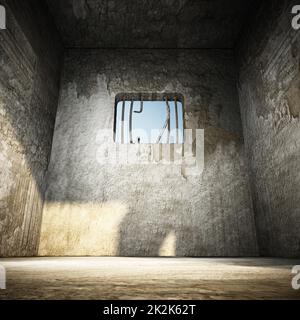 Prison cell with broken prison bars on the window. 3D illustration Stock Photo