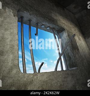 Prison cell with broken prison bars on the window. 3D illustration Stock Photo