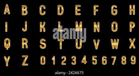 Gold capital letters and numbers on black background. 3D illustration Stock Photo