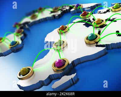 Flight or internet network on 3D world map. 3D illustration Stock Photo