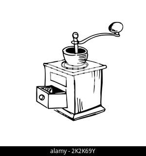 Manual coffee grinder thin black lines on a white background - Vector Stock Photo