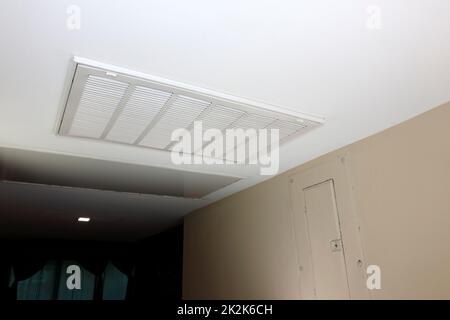 White Rectangle HVAC Air Return Vent Grill in a Home Ceiling Stock Photo
