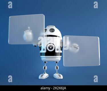 Robot pushing a button on digital vurtual screen Stock Photo