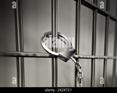 Handcuffs attached to prison bars.3D illustration Stock Photo