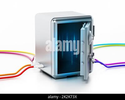 USB cables connected to steel safe. 3D illustration Stock Photo