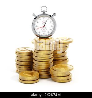 Chronometer standing on golden coins stack. 3D illustration Stock Photo