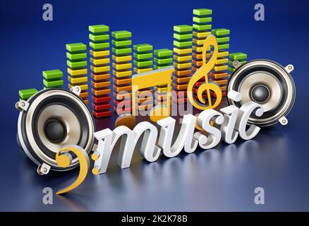 Music word, speakers, music notes and equalizer. 3D illustration Stock Photo