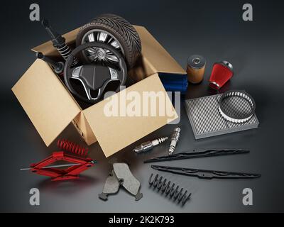 Auto spare parts standing on black background Stock Photo