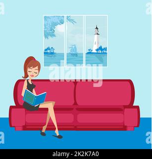 Illustration of a Girl Reading a book Stock Photo - Alamy