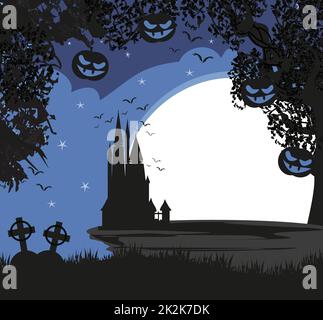 Halloween night background with scary pumpkins and silhouette of haunted house. Stock Photo