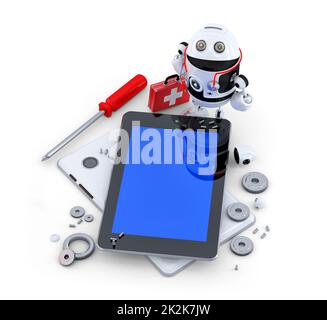 Robot repairing tablet computer. Stock Photo