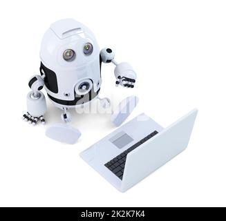 Robot sit with laptop. Stock Photo