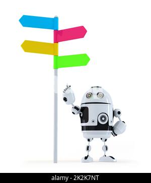 Robot pointing at road sign Stock Photo