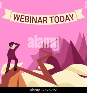 Hand writing sign Webinar Today. Conceptual photo live online educational presentation on different location Man watching horizon arrow pointing symbolizing future project success. Stock Photo