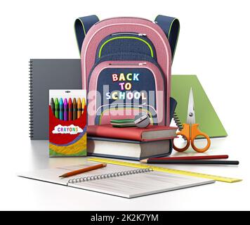 School backpack and objects isolated on white background. 3D illustration Stock Photo