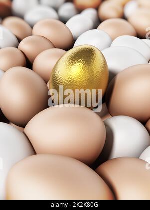 Golden egg standing out among brown and white eggs. 3D illustration Stock Photo