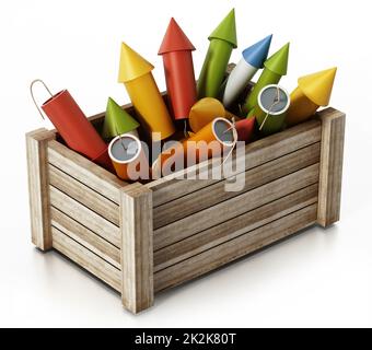 Fireworks standing inside wooden crate. 3D illustration Stock Photo