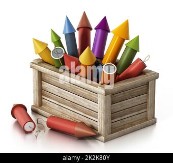 Fireworks standing inside wooden crate. 3D illustration Stock Photo