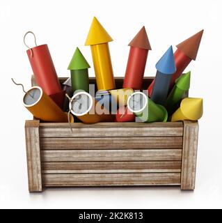 Fireworks standing inside wooden crate. 3D illustration Stock Photo