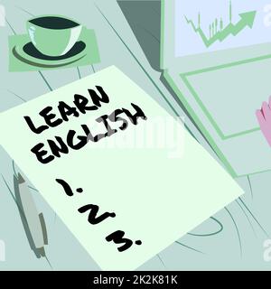 Sign displaying Learn English. Business showcase Universal Language Easy Communication and Understand Laptop Resting Beside Coffee Mug And Plain Sheet Showing Work Process. Stock Photo
