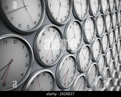 Modern wall clocks showing different time zones of world cities. 3D illustration Stock Photo