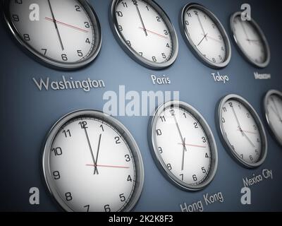 Modern wall clocks showing different time zones of world cities. 3D illustration Stock Photo