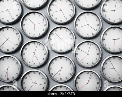 Modern wall clocks showing different time zones of world cities. 3D illustration Stock Photo