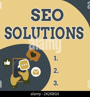 Text sign showing Seo Solutions. Business overview Search Engine Result Page Increase Visitors by Rankings Hand Holding Mobile Phone Pressing Application Button Showing Technology. Stock Photo