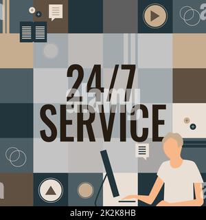 Conceptual display 24 Or 7 Service. Concept meaning Always available to serve Runs constantly without disruption Businessman Innovative Thinking Leading Ideas Towards Stable Future. Stock Photo