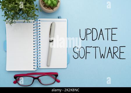 Writing displaying text Update Software. Concept meaning replacing program with a newer version of same product Flashy School Office Supplies, Teaching Learning Collections, Writing Tools Stock Photo