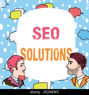 Text sign showing Seo Solutions. Word for Search Engine Result Page Increase Visitors by Rankings Team Members Looking At Whiteboard Brainstorming New Solutions. Stock Photo