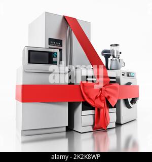 Household equipments wrapped with red ribbon. 3D illustration Stock Photo