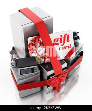 Household equipments and gift card wrapped with red ribbon. 3D illustration Stock Photo