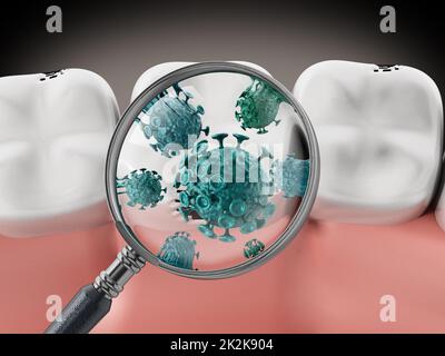 Microscopic bacteria tooth concept of a tooth with a magnifying glass ...