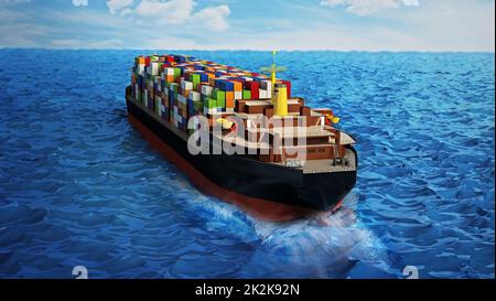 Cargo ship loaded with multi colored containers. 3D illustration Stock Photo