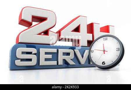 24 hours open text and clock isolated on white background. 3D illustration Stock Photo