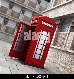 Red British phone booth in the street. 3D illustration Stock Photo