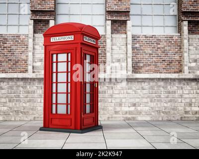 Red British phone booth in the street. 3D illustration Stock Photo
