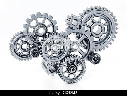 Gears in motion representing teamwork and cooperation. 3D illustration Stock Photo