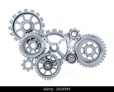 Gears in motion representing teamwork and cooperation. 3D illustration Stock Photo