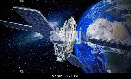 Communication satellite orbiting earth. 3D illustration Stock Photo