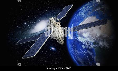 Communication satellite orbiting earth. 3D illustration Stock Photo