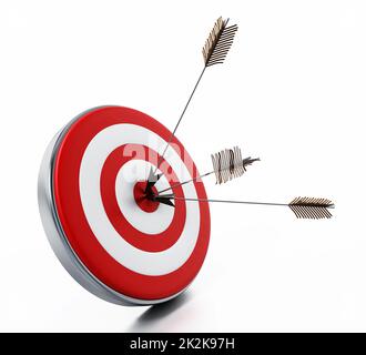 Arrows hit right on target bullseye. 3D illustration Stock Photo