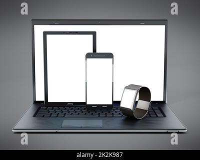 Laptop computer, tablet pc, smartphone and smartphone. 3D illustration Stock Photo