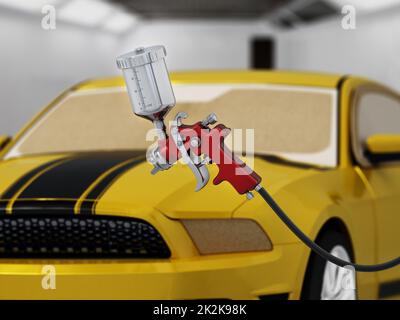 Illustration of car painter holding paint spray gun spraying set inside ...
