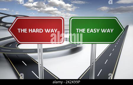 Easy and hard way signboards with curved and straight roads. 3D illustration Stock Photo