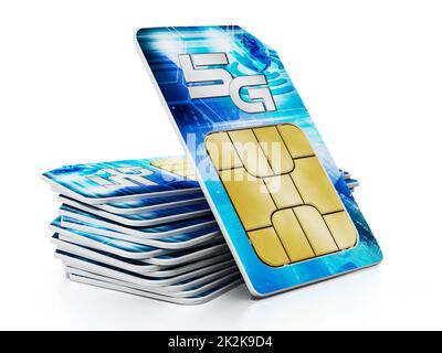 5G SIM cards isolated on white background. 3D illustration Stock Photo